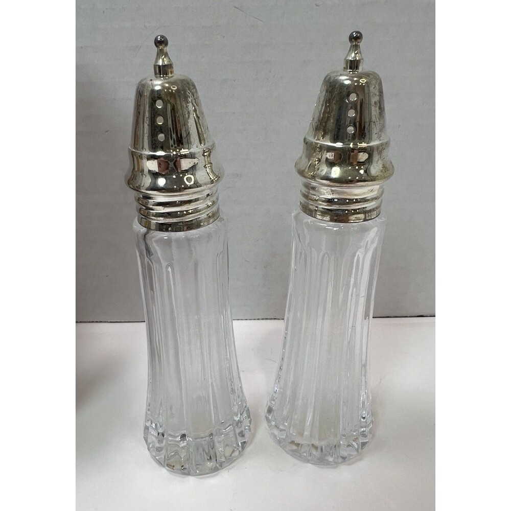 Vintage Crystal Salt Pepper Shakers with Silver Plated Lids Tops Set of 2 Unused